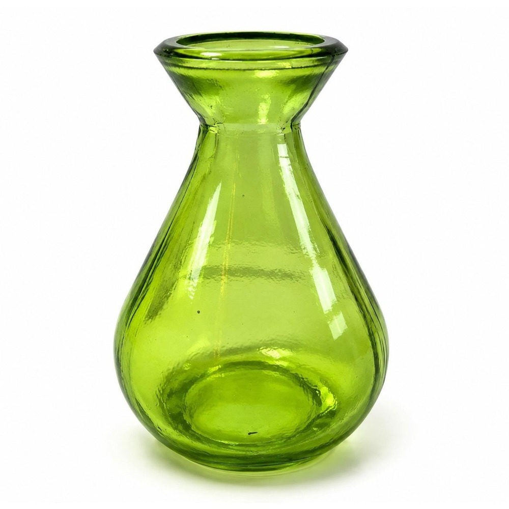 Green Recycled Glass Bud Vase 4.3" Pear Teardrop Shape Apple Green Decor